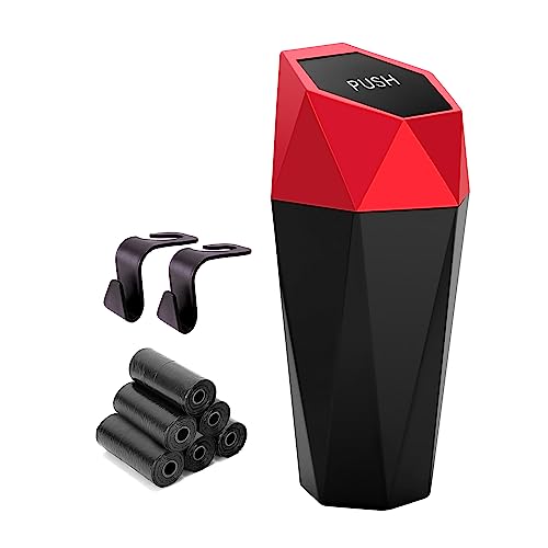 Ginsco Car Trash Can Cup Holder, Mini Car Trash Can with Lid, Car Accessories for Interior, Leakproof Small Trash Cup for Car, Home with Additional 2 ABS Hooks and 90pcs Trash Bags Red - color: Red, size: 600ml