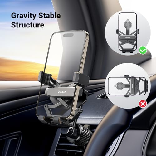 UGREEN Car Phone Holder Vent Phone Mount, Never Blocking Air Vent Clip Cellphone Holder Compatible with iPhone 17 16 15 14 13 12 Pro Max Mini Plus, iPhone 11 SE XS XR 8 7 6 6S Smartphone, Black