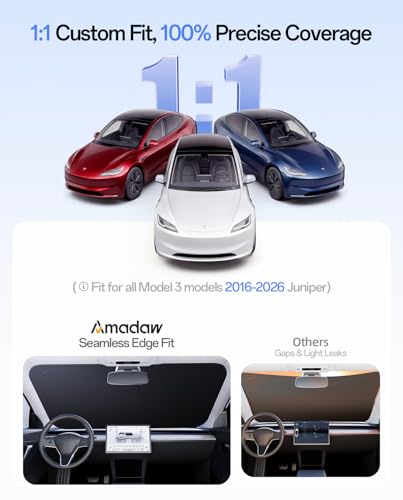 Windshield Sun Shade for Tesla Model 3 2016-2026 (Highland), 100% UV Block & Heat Insulation, Custom Fit Sunshade, Foldable Car Sunshade with Storage Bag, Protect Interior Accessories - size: Model 3 (2016-2026)