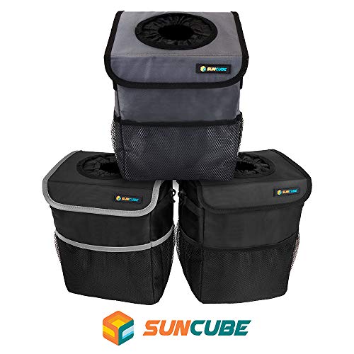 SUN CUBE Waterproof Car Trash Can with Lid, Mesh Pockets | Leakproof Car Garbage Can Hanging | Auto Trash Bin, Garbage Bag Organizer for Headrest, Console, Truck (Black/Gray) - color: Black with Gray Trim