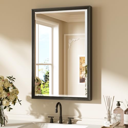 Keonjinn Black Bathroom Mirrors for Over Sink, 20" x 30" Black Framed Mirror for Wall, Tempered Glass Beveled Edge, Aluminum Alloy Frame, Shatterproof, Farmhouse Rectangular Bathroom Vanity Mirror - color: Black, size: 30"L x 20"W