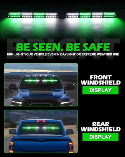 HLauto 604N Emergency Dash Strobe Lights: 2x16.8 inch Green White Security Light with/Take Down, 48 LED Safety Flashing Warning Hazard Interior Windshield Light Bar for Trucks Vehicles - color: #05 Green White