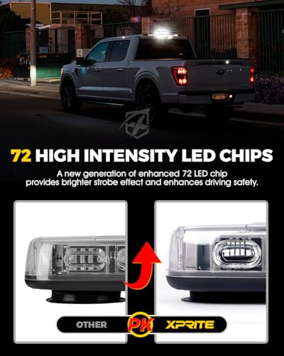 Xprite Upgraded 12" 72LED Rooftop Mini Strobe Lights, Emergency Safety Flashing Beacon Light Bar with Magnetic Base for 12V-24V Construction Vehicles, Trucks, Snow Plow, Postal Car (White) - color: White