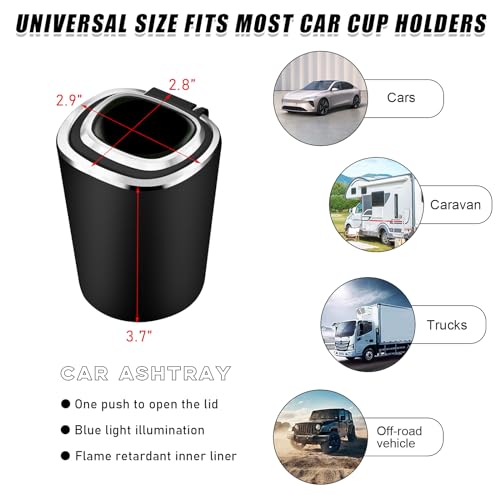 Ohleats Car Ashtray, Detachable Stainless Steel Smokeless Ash Tray with LED Blue Light, Auto Ashtray with Lid Smell Proof Weed for Most Vehicles, Universal Interior Car Accessories