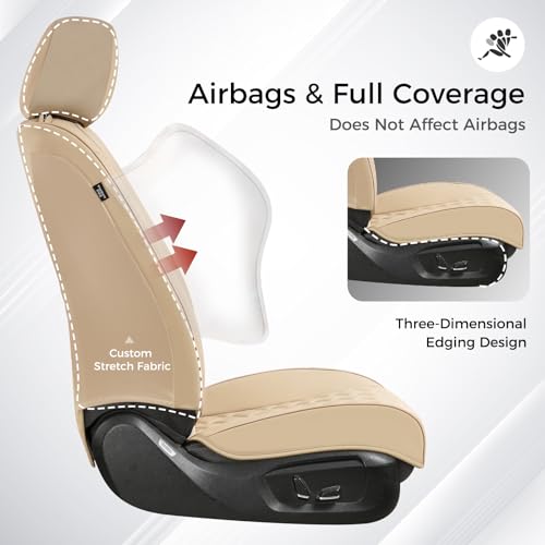 Huidasource Beige Seat Covers, Nappa Leather Car Seat Covers, Velcro Adjustable, Compatible with Airbags, Armrests, Child Seat, Universal Fit for Most Cars, Vans, Trucks, SUVs (Full Set/Beige) - color: 01FS# Beige01, size: 5pcs Full Set