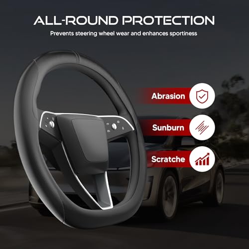 Ultra-Thin Nappa Leather Steering Wheel Cover for Tesla Model 3/Y 2016-2025, Non-Slip Textured Breathable Tesla Model 3/Y Steering Wheel Protector - color: Black
