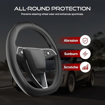 Ultra-Thin Nappa Leather Steering Wheel Cover for Tesla Model 3/Y 2016-2025, Non-Slip Textured Breathable Tesla Model 3/Y Steering Wheel Protector - color: Black