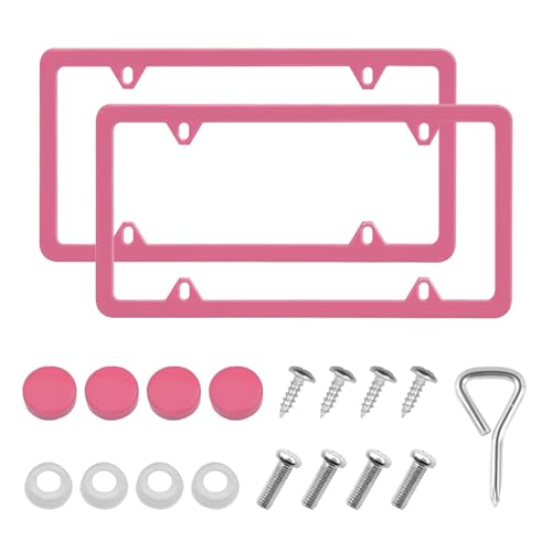 Automotive Universal 2 Pack License Plate Frames Stainless Steel License Plate Holder Covers with Screws Caps Washers Universal 4 Hole Compatible with Car Truck Exterior Accessories, Pink - color: Pink