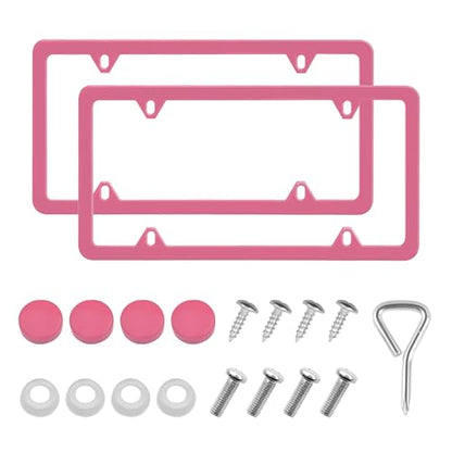 Automotive Universal 2 Pack License Plate Frames Stainless Steel License Plate Holder Covers with Screws Caps Washers Universal 4 Hole Compatible with Car Truck Exterior Accessories, Pink - color: Pink