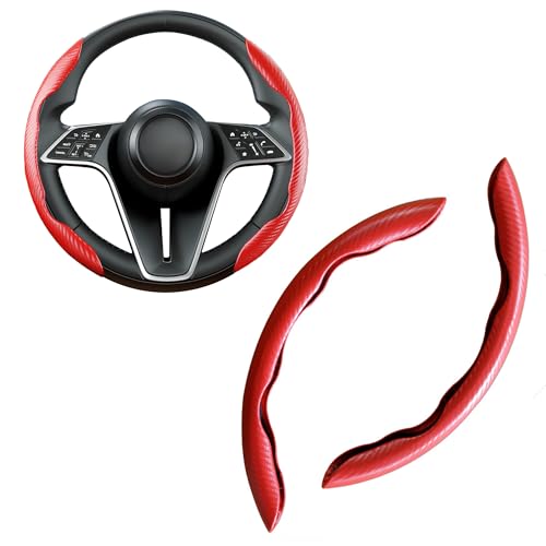 Carbon Fiber Steering Wheel Cover, 2-Piece Set Anti-Skid Comfortable Grip Segmented Butterfly Design, Easy Snap-On Installation Universal Fit 99% Cars, Red - color: Red, size: 2