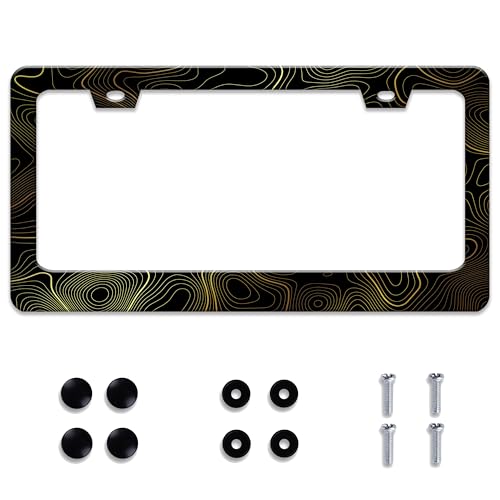 Personalized License Plate Frame Gold Topographic Map Stainless Steel Accessory Topography License Plate Holder Funny Car Decorative 2 Holes Fits Us Standard License Plates 12.2 X 6.3 In For Men Women - color: Gold Topographic Map