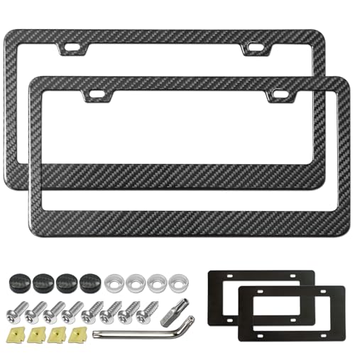Aootf Carbon Fiber License Plate Frames- 100% Real Carbon Cloth Wrapped Stainless Steel Car Tag Holder, 2 Pack Wide Edge Black Covers with Anti Theft Screws Caps, 2 Hole - style: Wide Edge-2 Hole