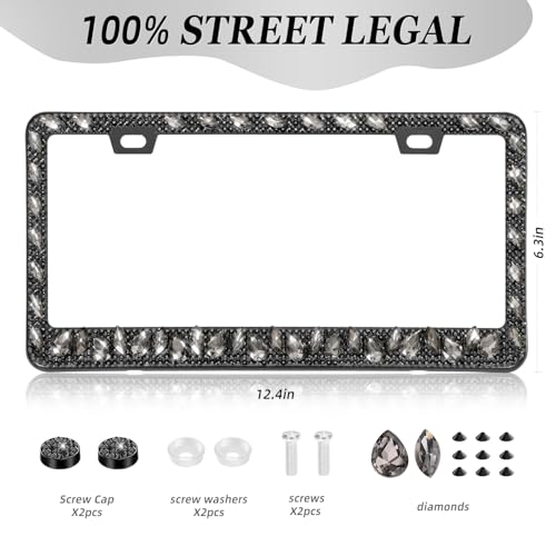 OKLPF Single Luxury Rhinestone License Plate Frame for Women – Elegant Bling with Glitter Crystals, Diamond Bedazzled License Plate Cover，Anti-Theft Screws & Gift Box, Fits Standard US Plates（Black） - color: Black, size: 1pc