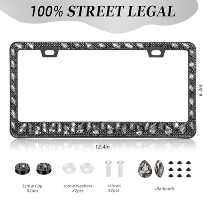 OKLPF Single Luxury Rhinestone License Plate Frame for Women – Elegant Bling with Glitter Crystals, Diamond Bedazzled License Plate Cover，Anti-Theft Screws & Gift Box, Fits Standard US Plates（Black） - color: Black, size: 1pc