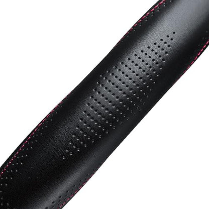 HAOKAY Top Grade Black Genuine Leather Steering Wheel Cover Women Men, Luxury Steering Wheel Cover for Cars, SUVS and Trucks, Universal 14.5-15 inch - color: BLACK/RED