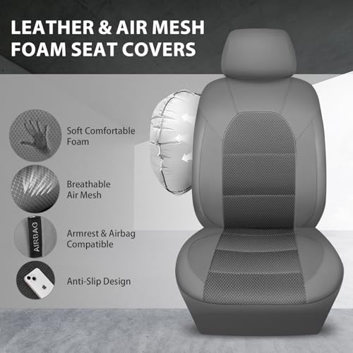 CAR PASS Leather Car Seat Covers Breathable Seat Cover Full Sets Airbag Compatible for Most Cars, SUVs, Trucks, and Vans (Full Set, Gray) - color: Solid Gray, size: Full Set