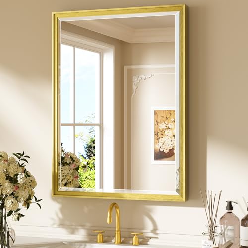 Keonjinn 24" x 32" Brushed Gold Bathroom Vanity Mirror, Aluminum Alloy Frame, Beveled Tempered Glass, Shatterproof, Rectangular, French Cleat Wall-Mounted Mirror for Decoration, Entryway, Hallway - color: Gold, size: 32"L x 24"W