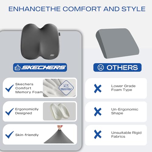 Skechers Seat Cushion, Ergonomic Memory Foam Cushion for Long Sitting Hours on Office & Home Chair, Car Seat Cushion for Sciatica, Coccyx Cushion,Gray - color: Gray