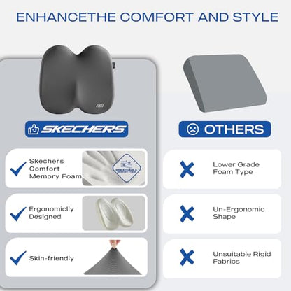 Skechers Seat Cushion, Ergonomic Memory Foam Cushion for Long Sitting Hours on Office & Home Chair, Car Seat Cushion for Sciatica, Coccyx Cushion,Gray - color: Gray
