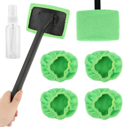 Windshield Cleaner Tool, Car Window Cleaner with Extendable Handle,5 Reusable Microfiber Pads,Windshield Cleaning Tool,Auto Glass Wiper for Car Detailing,Home Windows(Green)