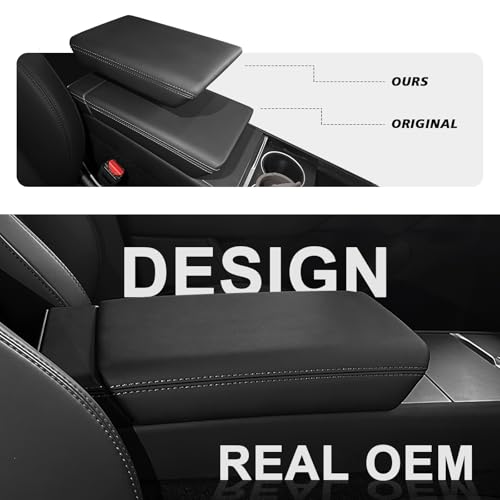 Muslogy Center Console Armrest Cover Fit for Tesla Model Y Juniper 2026+ / Model 3 Highland 2024+ Accessories, Comfort Armrest Pad Console Lid Cushion Vegan Leather Snap-On Black (Hard Cover) - size: 25+ |Juniper| Snap-On Black, Hard Cover