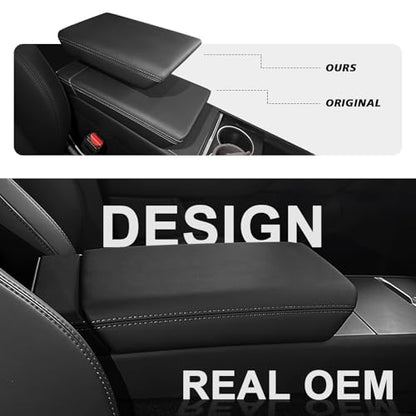 Muslogy Center Console Armrest Cover Fit for Tesla Model Y Juniper 2026+ / Model 3 Highland 2024+ Accessories, Comfort Armrest Pad Console Lid Cushion Vegan Leather Snap-On Black (Hard Cover) - size: 25+ |Juniper| Snap-On Black, Hard Cover