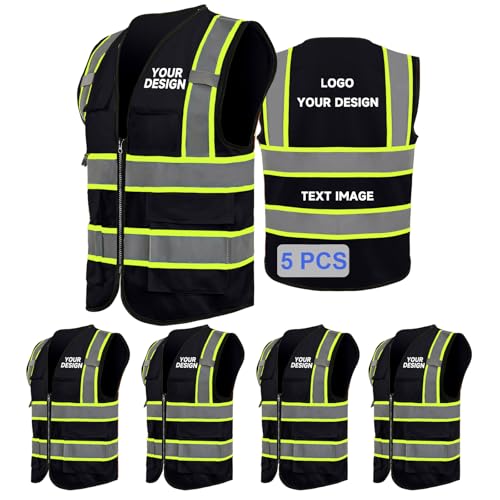 Custom Safety Vest with LOGO High Visibility Vest with 5 Pockets and Zipper Reflective ANSI/ISEA 107 Class 2 Type R - color: Black-5 Pieces, size: Small