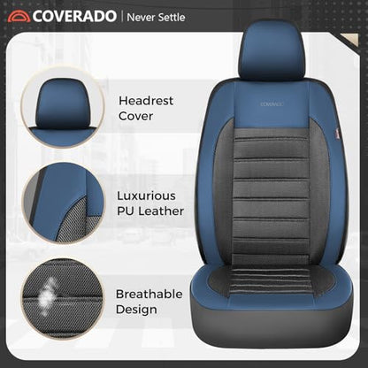 Coverado Car Seat Covers Full Set, Luxury Leather Car Seat Covers, Automotive Front and Rear Mesh Seat Covers, Full Set 5 Seats, Blue Black Seat Covers for SUV Sedan Truck - color: Blue&Black, size: Fullset