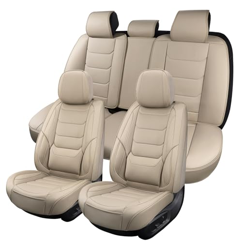 Beige Leather Car Seat Covers Full Set Breathable Seat Protectors Waterproof Automotive Seat Covers Universal Fit for Most Cars SUVs Trucks Vehicles - color: BEIGE2, size: Front and Rear
