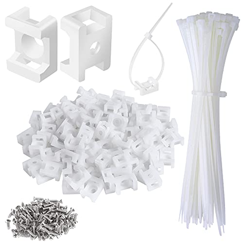 100 Pcs Cable Zip Tie Saddle Type Mounts Base with 100 Pcs 8" Cable Ties and 100 Pcs Tapping Screw, Wire Cable Clips Organizer Holders Clamps White - color: White, size: 0.6 inch