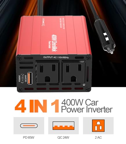 400W Car Power Inverter - Dual DC 12V to 110V AC Car Plug Adapter Outlets, Fast Charging USB C 65W & 24W Port, Power Inverters for Vehicles, Laptop Car Charger, Road Trips - color: RED