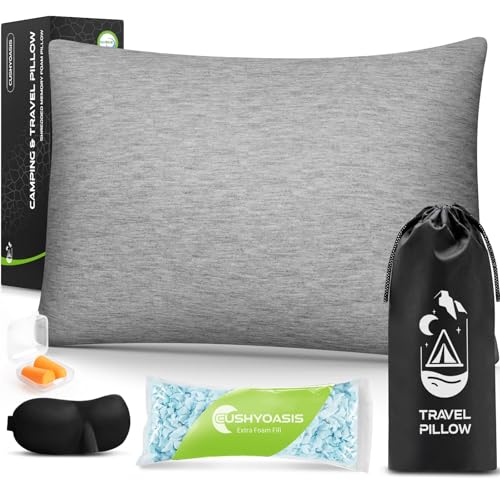 CushyOasis All-in-1 Camping Pillow Set - Shredded Memory Foam Neck Pillow Travel Pillow with Eye Mask, Earplugs, Washable Cover, Compact for Backpacking, Camping, Flights, Car Travel (Large Size) - size: Large