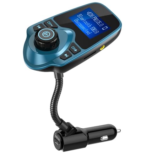 Nulaxy Bluetooth Car FM Transmitter Audio Adapter Receiver Wireless Handsfree Voltmeter Car Kit TF Card AUX 1.44 Display – KM18 Peacock Blue - color: Blue