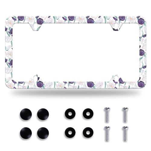 White Purple Tulips Flower License Plate Frame Beautiful Floral License Plate Frames Stainless Steel Accessories Cars Decor with 4 Holes and Screws Fits Standard US CA Vehicles Size 12.2 x 6 Inches - color: White purple tulips