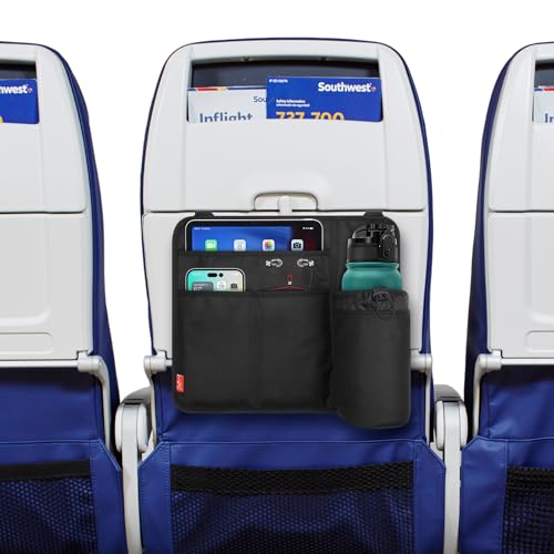 Airplane Seat Back Organizer & Storage, Airplane Tray Table Cover for Personal Items, Airline Seat Hanging Pockets Media Pouch,Reusable Travel Essentials,Fits Tablets,Cell Phone,Water Bottle (Black) - color: Black