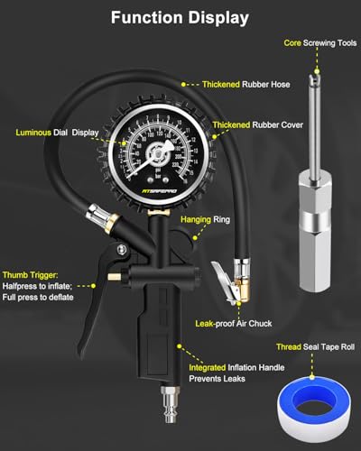Atsafepro Tire Pressure Gauge with Inflator - 0-220PSI ANSI B40.1 Accurate, 2.5" Easy Read Glow Dial & Rubber Hose, Air Compressor Attachments for Tire Pressure Check - size: Mechanical Pressure Gauge With Inflator