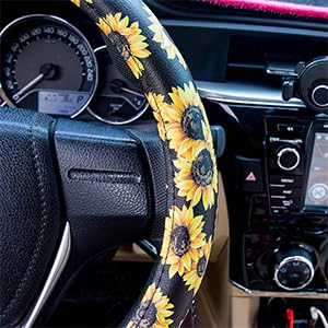 Evankin Sunflower Steering Wheel Cover Cute and Handmade,Leather Universal Steering Wheel Cover 15 inch, Fashionable Boho Sunflower Car Accessories for Women,Top Girl Car Accessories - color: Leather Sunflower Steering Wheel Cover