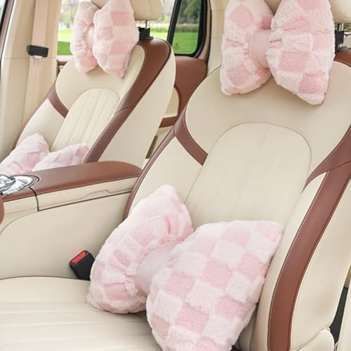 4 Pack Car Neck Pillow and Lumbar Support Cushion Plush Butterfly Knot Headrest Pillow Comfortable Waist Support Cute Car Interior Decor - color: Pink