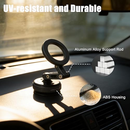 Nano Gel Suction Cup Magnetic Phone Holder for Car,Aluminum Alloy & ABS One-step Lock Magnetic Vacuum Phone Mount,UV-Resistant and Durable,Directly Mountable on Smooth Surfaces/Textured Leather