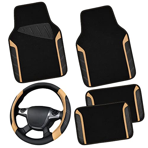 CAR PASS Microfiber Steering Wheel Cover and Waterproof Car Floor Mats,Leather Universal Car Combo Fit for 95% Truck,SUV,Cars,14.5-15inch Sporty Anti-Slip Safety Comfortable Design(Black and Beige) - color: Black＆Beige
