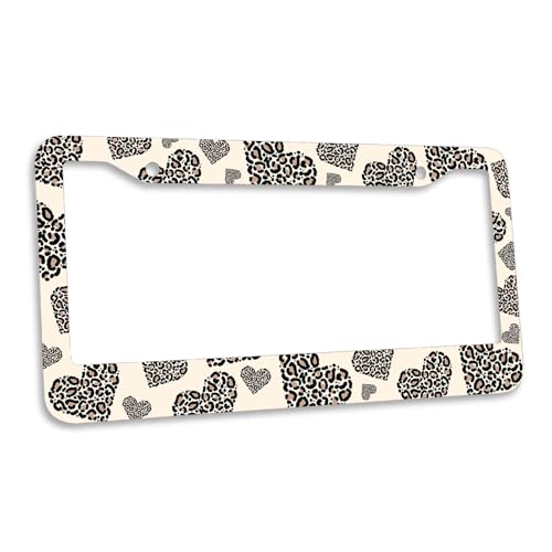 Leopard Print License Plate Frame Boho Cheetah Animal Heart Love Personalise Stainless Steel Funny Design Compatible with Standard License Plate Holder for USA and Canada 6.3 x 12.2 in - color: Leopard Print, size: 6.3 X 12.2 In-1PC