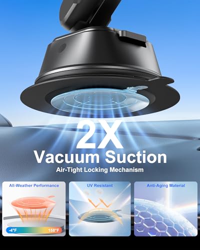 Magnetic Vacuum Suction Cup Phone Mount for Truck & Car, Heavy Duty Semi Truck Holder, 17x Strong Magnets, Adjustable Aluminum Arm Windshield Dashboard Window Mount for MagSafe iPhone 12–17 & Samsung