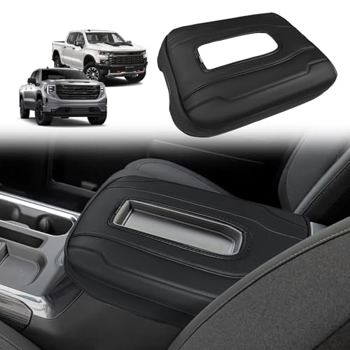 Muslogy Center Console Armrest Cover Fit for Chevy Silverado & GMC Sierra 1500 2500 3500 2022-2026 Accessories, Comfort Armrest Pad Console Lid Cushion Vegan Leather Regular Thick(Bucket Seat ONLY) - size: 1) 22-25 |Silverado & Sierra| Bucket Seat, Regula