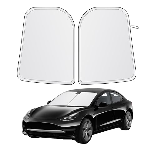 EcoNour Two-Piece Foldable Front Windshield Sun Shade for Tesla Model 3 & Y 2017–2026, 240T Reflective UV & Heat Protection, Storage Pouch Included, Custom Fit with Upgraded Design - size: Custom Size - Tesla Model-3 & Model-y