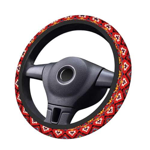 Swono Geometric Red Universal 15" Steering Wheel Covers Traditional Ethnic Tribal Colorful Geometric Pattern Cute Car Steering Wheel Cover for Men Women Girls Car Accessories - color: multi-048