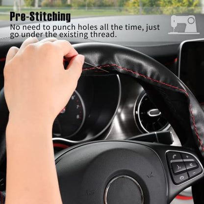 SEG Direct Genuine Leather Steering Wheel Cover, Stitch On Wrap, 15 Inch Steering Wheel Wrap for Car Truck SUV Pickup Boat, DIY Sewing with Needle Thread, Black with Red Thread - color: Black with Red Thread