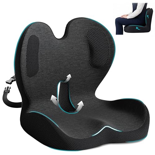 Memory Foam Seat Cushion,Office Chair Cushion with Lumbar Support,L-Shape Ergonomic Cushions with Strap,Non-Slip Sciatica,Hemorrhoids, Tailbone Pain Relief for Office Workers,Driver - color: Black+ Gray