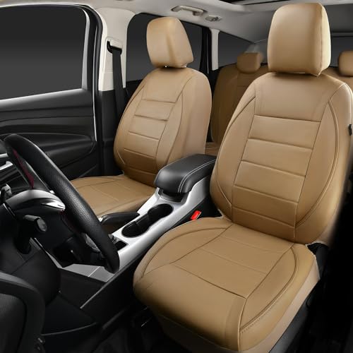CAR PASS Piping Leather Seat Cover,Universal FIT with Composite Sponge Inside,Airbag Compatible and Reserved Opening Holes,Inside zipper for Cars,Sedan,SUV,Truck(Full Set,Beige with Tan Piping-Stripe) - color: Beige with Tan Piping-Stripe
