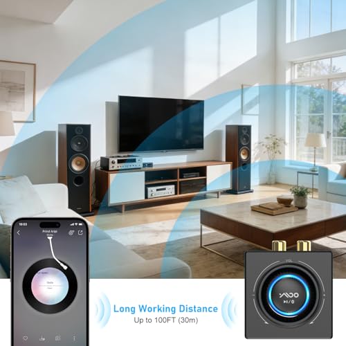 YMOO B06T3 Bluetooth 5.3 Receiver, 100ft RCA Bluetooth Audio Adapter for 3.5mm Jack AUX HiFi Home Stereo/Speaker from Smartphone/Tablet/Laptop, Dual Link for Two Speakers, SBC AAC Audio - color: Black