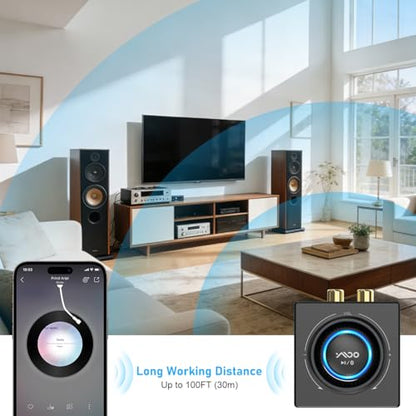 YMOO B06T3 Bluetooth 5.3 Receiver, 100ft RCA Bluetooth Audio Adapter for 3.5mm Jack AUX HiFi Home Stereo/Speaker from Smartphone/Tablet/Laptop, Dual Link for Two Speakers, SBC AAC Audio - color: Black